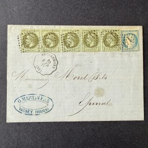 Yvert 25 et 36 "Napoléon 1c et Cérès 20c" en oblitéré sur lettre (convoyeur). TB