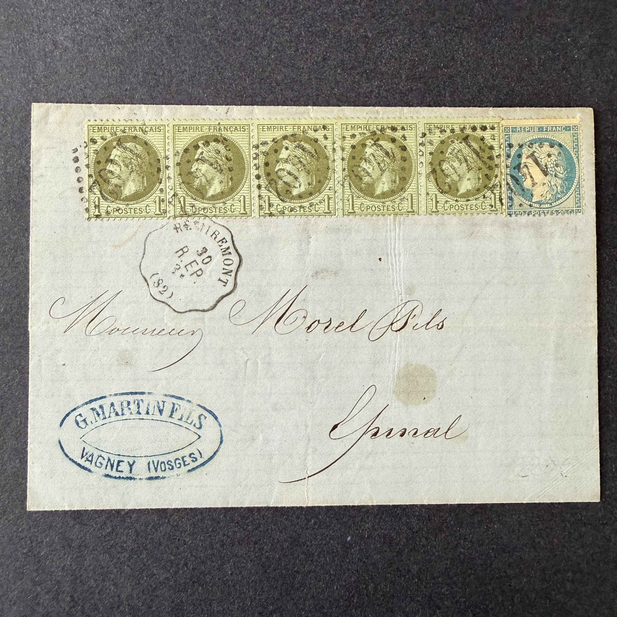 Yvert 25 et 36 "Napoléon 1c et Cérès 20c" en oblitéré sur lettre (convoyeur). TB