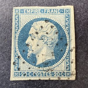 Yvert 14Ad "Napoléon 20c bleu sur vert" en oblitéré. Signé Brun. TB