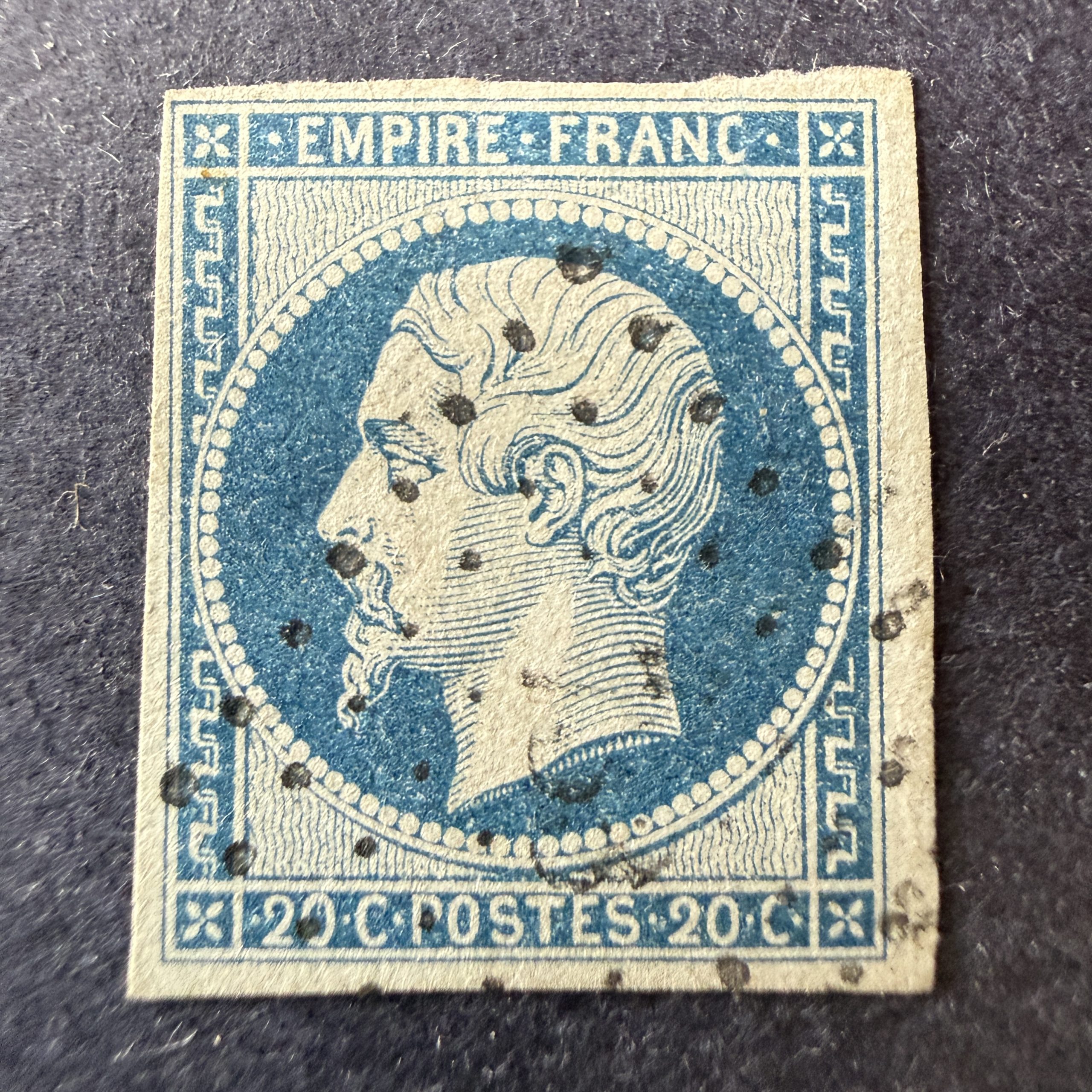 Yvert 14Ad "Napoléon 20c bleu sur vert" en oblitéré. Signé Brun. TB