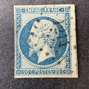 Yvert 14Ba "Napoléon 20c bleu sur vert" en oblitéré. Signé Brun. TB.