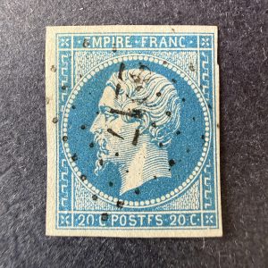 Yvert 14Ah "Napoléon 20c bleu" POSTFS en oblitéré. TB
