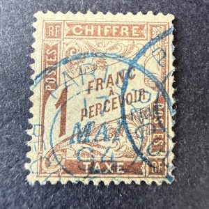 Taxe Yvert 25 "Duval 1fr marron" en oblitéré cachet bleu. Superbe.