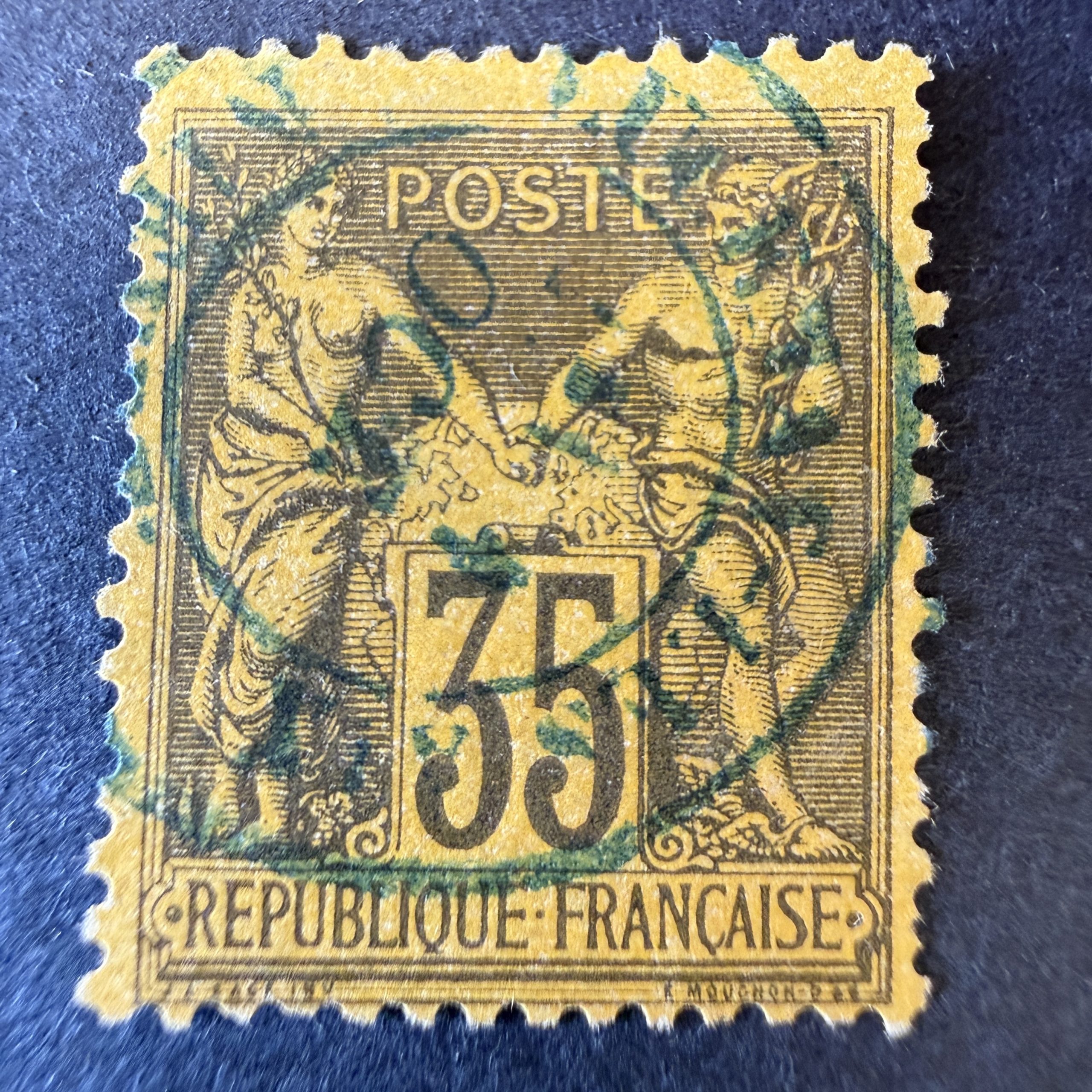 Yvert 93 "Sage 35c violet sur jaune" en oblitéré cachet bleu. TB.