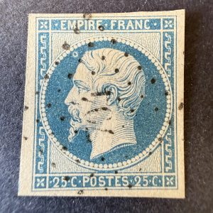 Yvert 15 "Napoléon 25c bleu" en oblitéré avec anneau lune. TB.