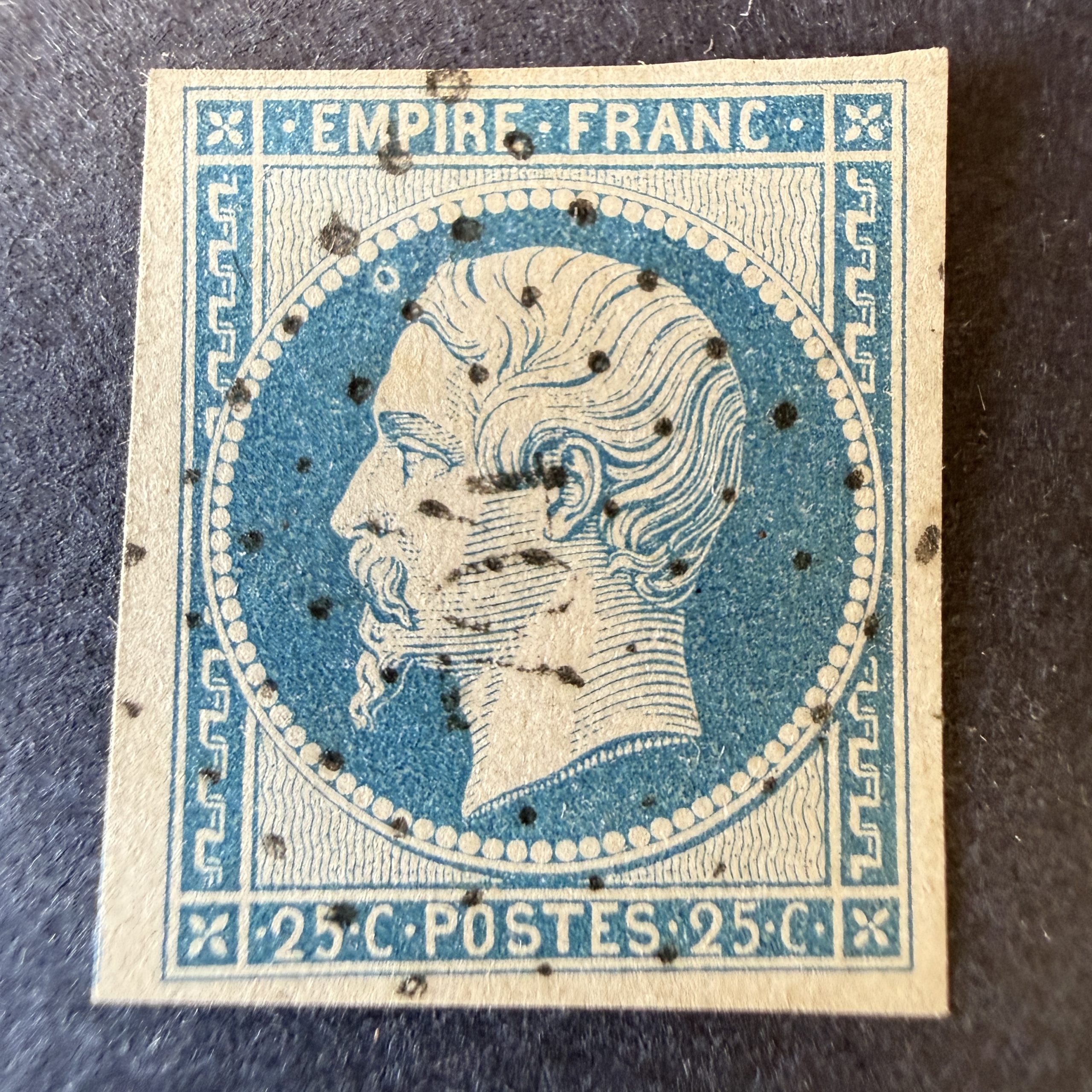 Yvert 15 "Napoléon 25c bleu" en oblitéré avec anneau lune. TB.