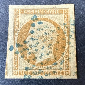 Yvert 13A "Napoléon 10c bistre" en oblitéré étoile bleue. SUP.