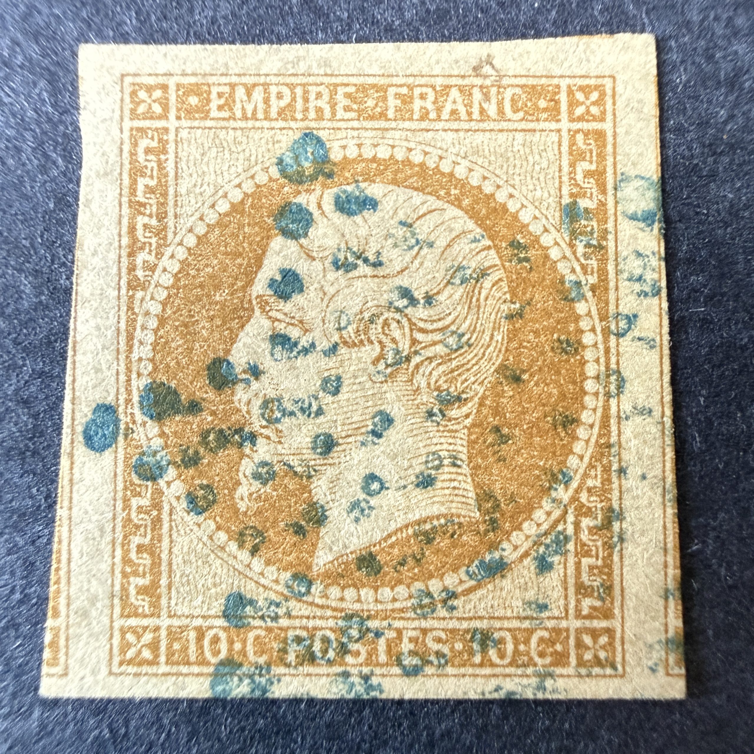 Yvert 13A "Napoléon 10c bistre" en oblitéré étoile bleue. SUP.