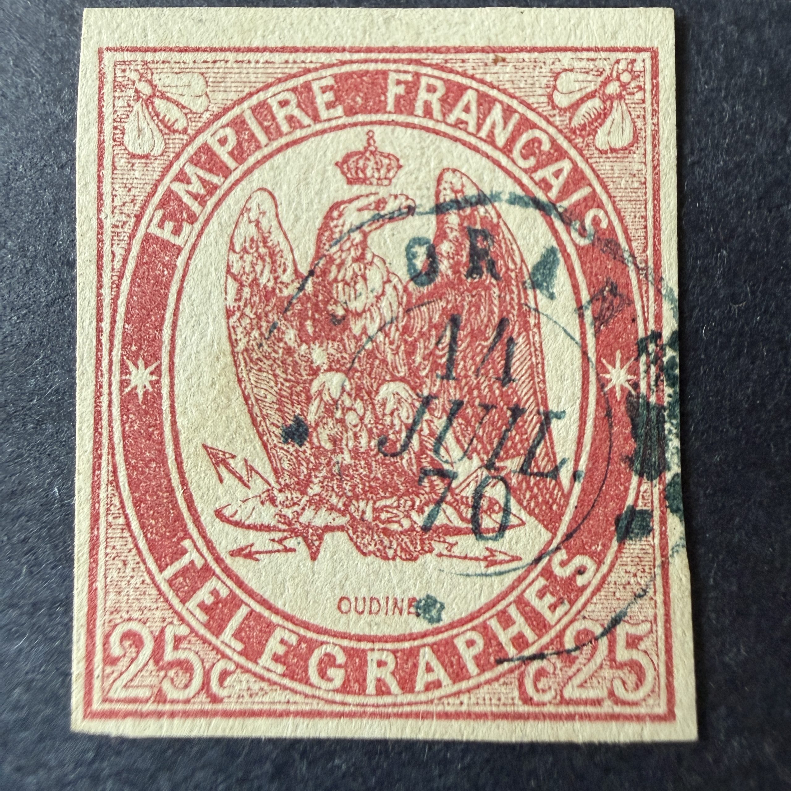 Télégraphe Yvert 1 "25c rouge" en oblitéré "Oran". Signé Brun. SUP.