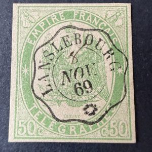 Télégraphe Yvert 2 "50c vert" en oblitéré. Signé Brun/Baudot. SUP.