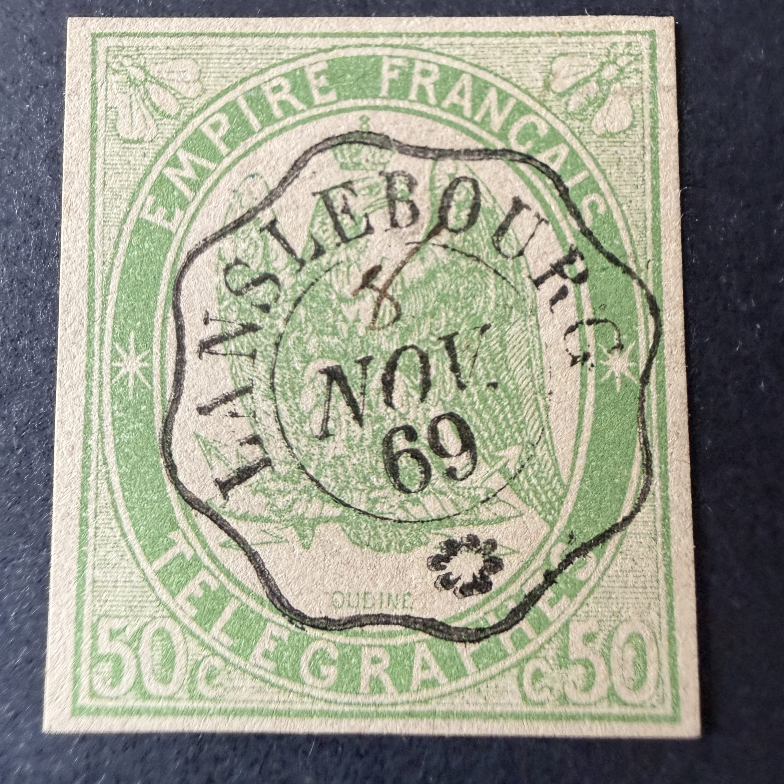 Télégraphe Yvert 2 "50c vert" en oblitéré. Signé Brun/Baudot. SUP.