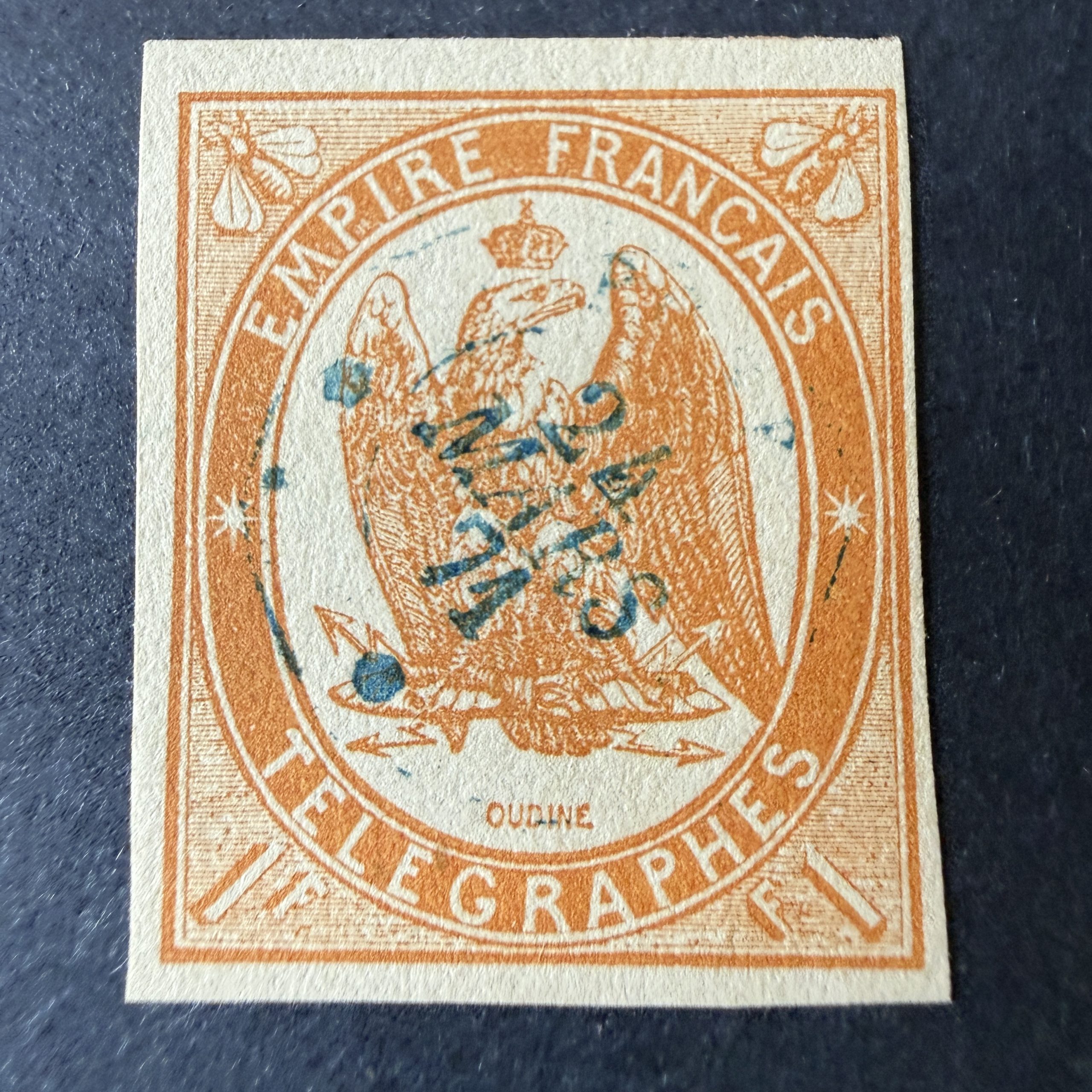 Télégraphe Yvert 3 "1fr orange" en oblitéré. Signé Brun. SUP.