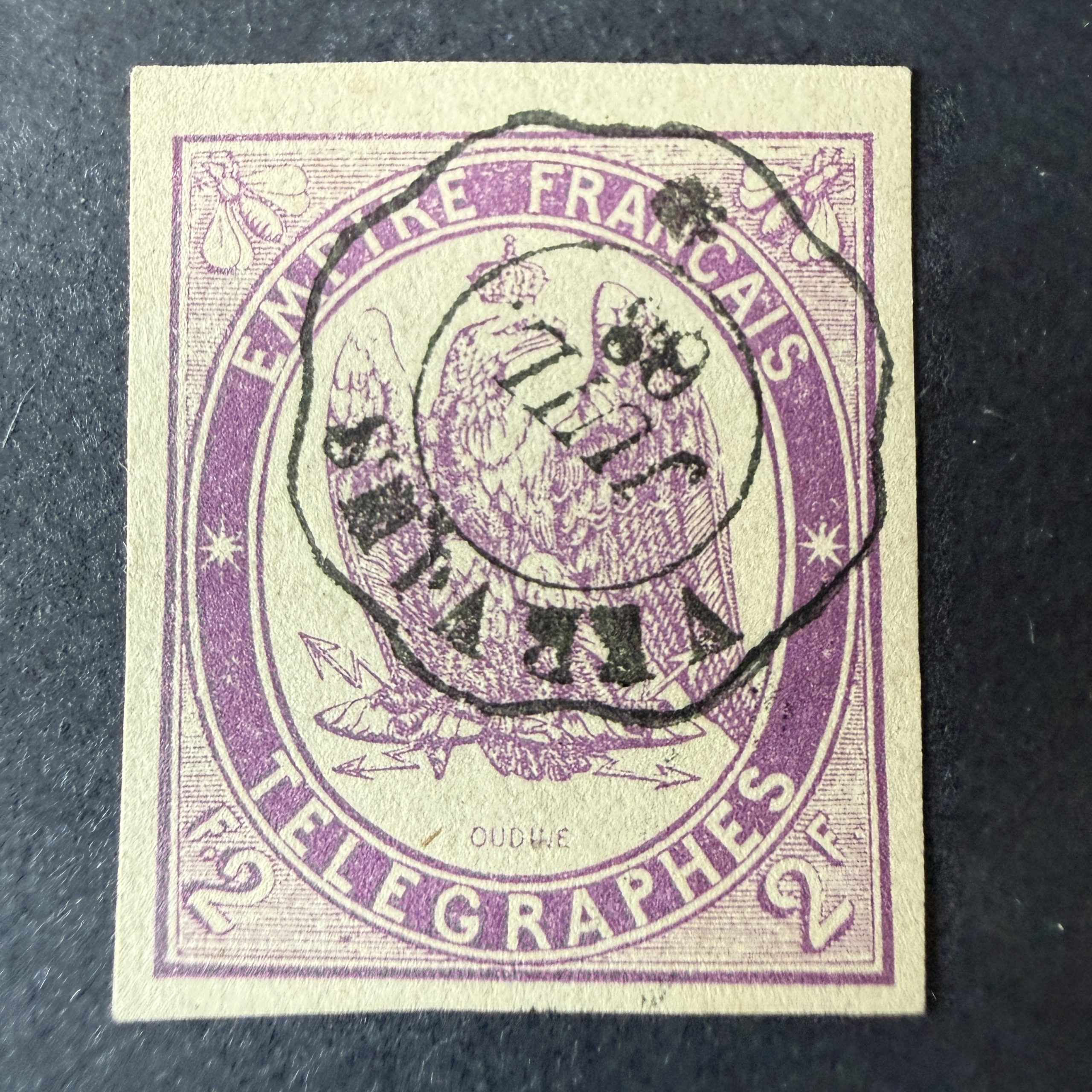 Télégraphe Yvert 4 "2fr violet" en oblitéré. Signé Brun/Baudot. SUP.