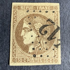 Yvert 47a "Bordeaux 30c brun clair" en oblitéré. Signé Roumet. TB.
