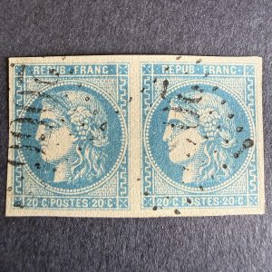 Yvert 46B "Bordeaux 20c bleu" paire en oblitéré. TB.