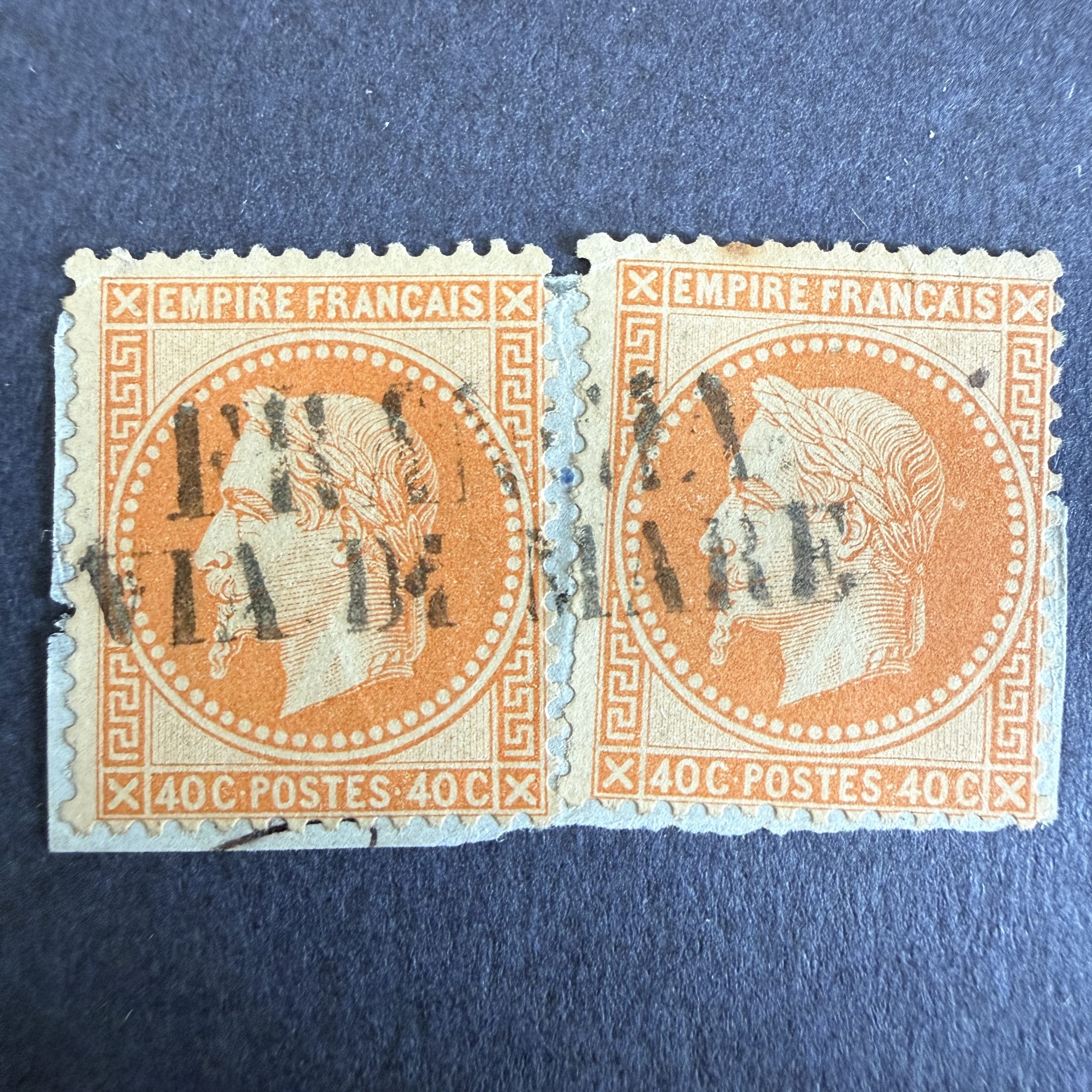 Yvert 31 "Napoléon lauré 40c" paire en obl. "via di mare" TB.