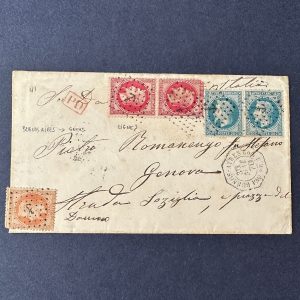 Y&T 29, 31, 32 "Lettre Buenos Ayres pour Genève" tricolore en obl. Rare.
